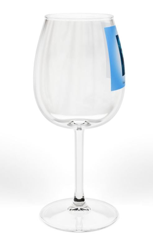 left side view of 12oz wine glass with blue catrina and catrin couple artwork and partial wrap design