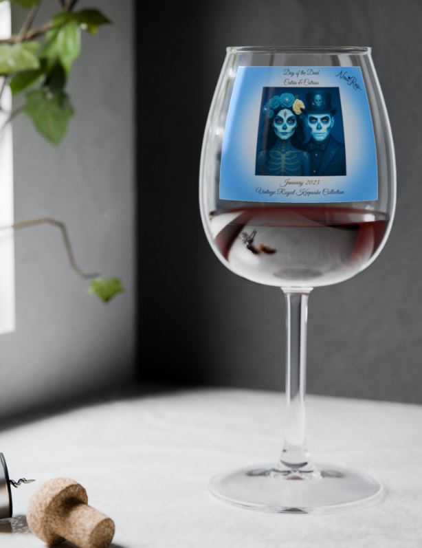 day of the dead couple wine glass styled on table elegant drinkware product mockup
