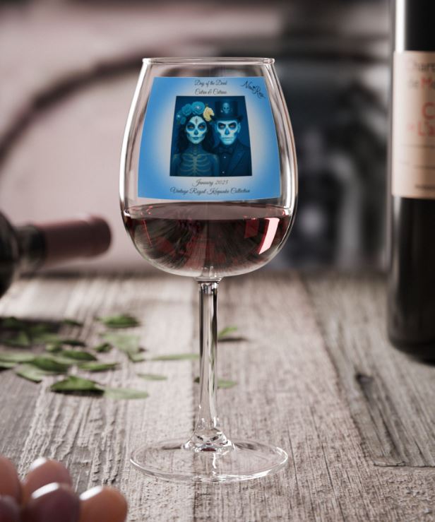 blue vintage royal catrina and catrin wine glass styled for ecommerce listing romantic gift drinkware