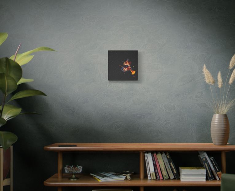 square minimalist wall art with centered witch design in contemporary home setting