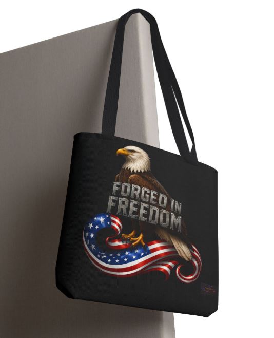 Close up of tote bag showing detailed eagle and forged in freedom artwork