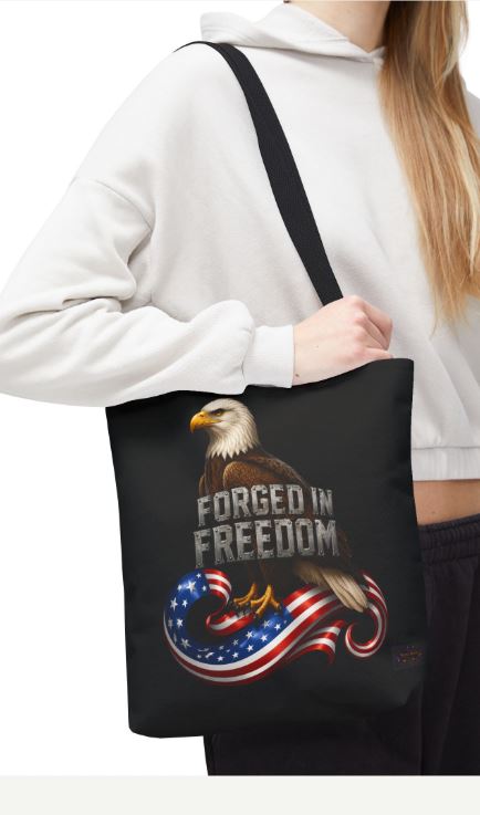 Close up of tote bag showing detailed eagle and forged in freedom artwork