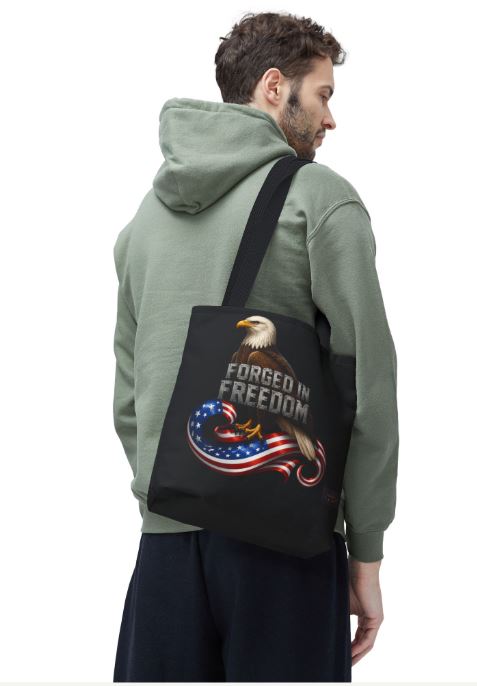 Close up of tote bag showing detailed eagle and forged in freedom artwork