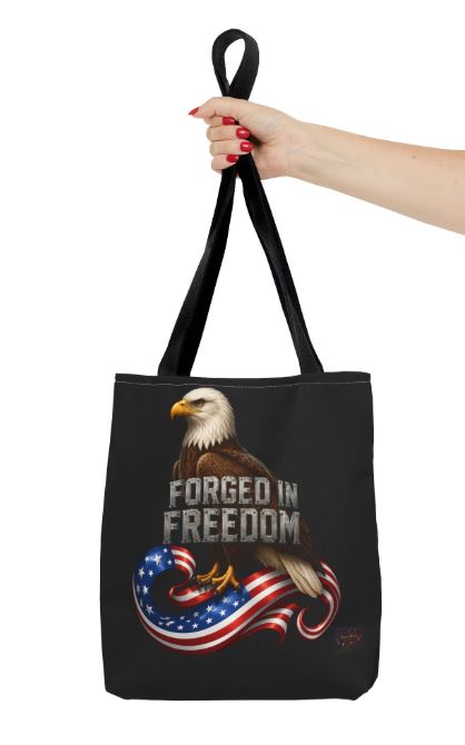Close up of tote bag showing detailed eagle and forged in freedom artwork