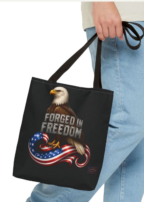 Close up of tote bag showing detailed eagle and forged in freedom artwork
