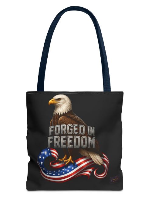 Reusable tote bag with American flag eagle design shown from alternate angle
