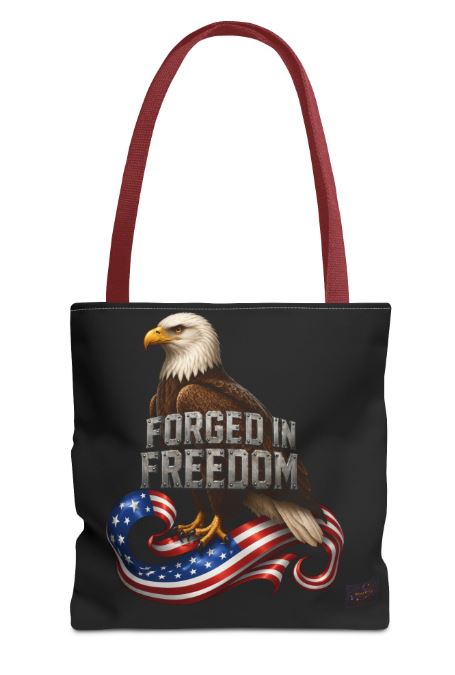 Close up of tote bag showing detailed eagle and forged in freedom artwork