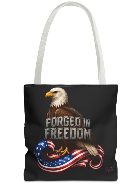 Eagle tote bag with patriotic USA design displayed in lifestyle setting