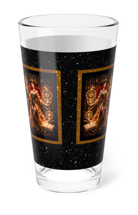 wraparound view of mystical highball glass with triple panel artwork and gold accents