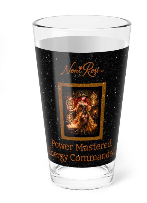 highball glass with Noni arcane conjuring design featuring gold symbols and starfield background