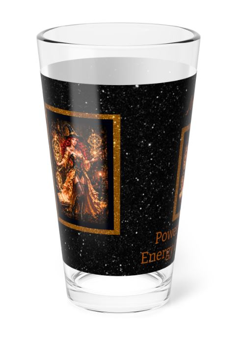 left side of glass showing detailed Noni artwork with glowing arcane symbols