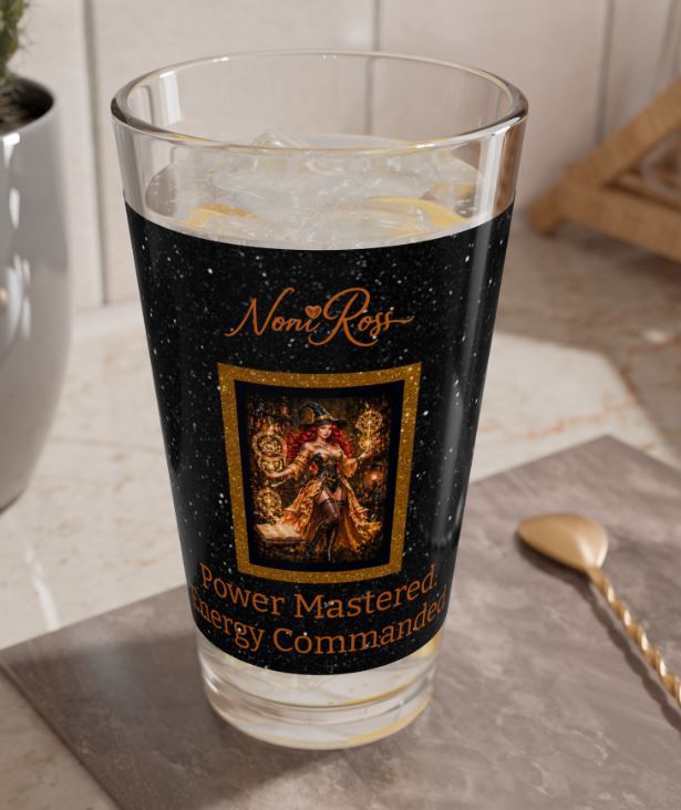 mystical Noni glass styled in dim lighting with elegant bar atmosphere and gold accents
