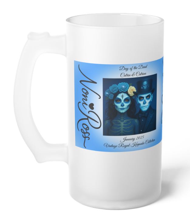 January Day of the Dead Couple Frosted Beer Stein 16oz – Blue Catrin & Catrina Vintage Keepsake Mug | Noni Ross Creations