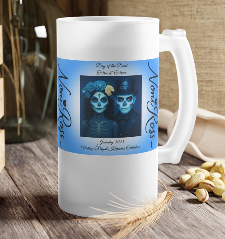 January Day of the Dead Couple Frosted Beer Stein 16oz – Blue Catrin & Catrina Vintage Keepsake Mug | Noni Ross Creations