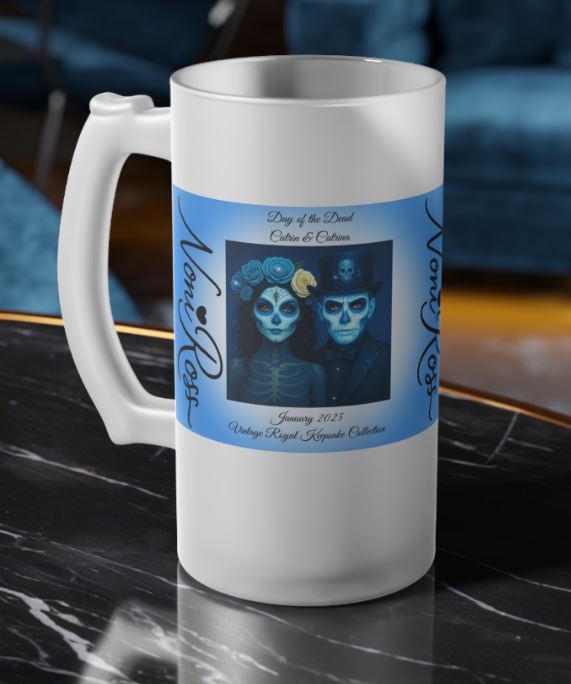 January Day of the Dead Couple Frosted Beer Stein 16oz – Blue Catrin & Catrina Vintage Keepsake Mug | Noni Ross Creations