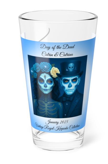 front view of day of the dead couple highball glass showing blue catrin and catrina artwork january design