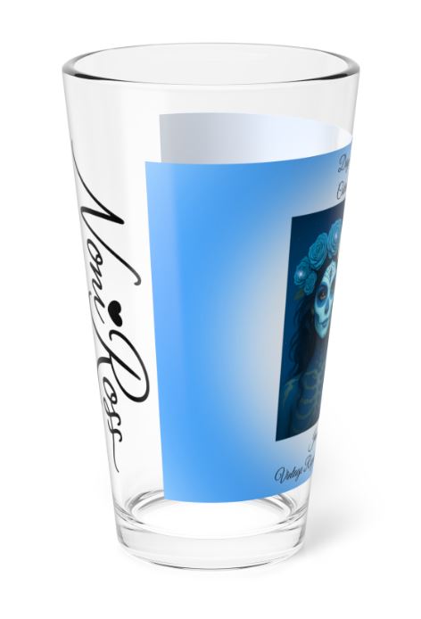 left side view of highball glass with blue day of the dead couple design and partial artwork wrap