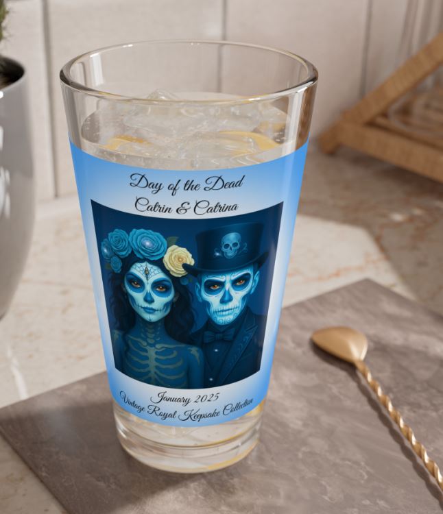day of the dead couple highball glass styled on bar with cocktail tools elegant drinkware mockup