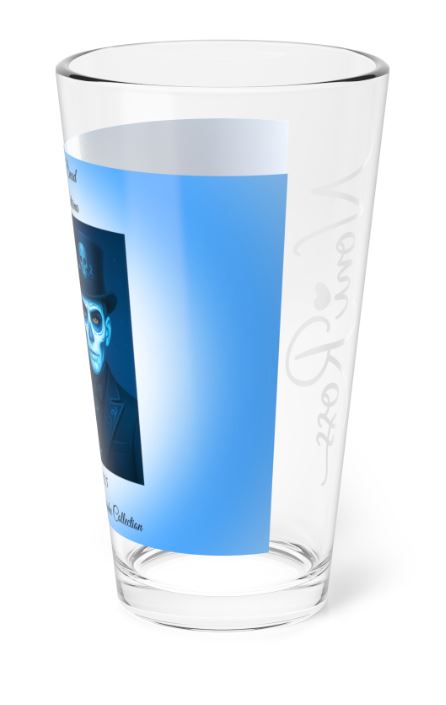 right side view of 16oz highball glass showing catrina and catrin portrait in blue tones