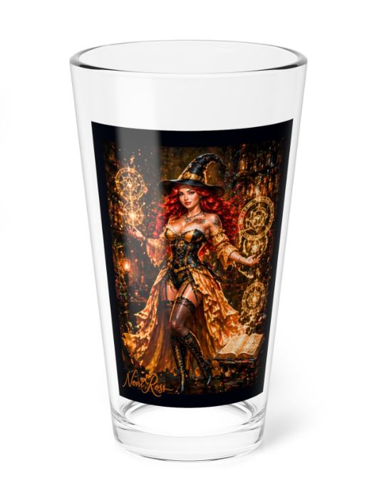 Noni golden conjuring highball glass featuring red-haired witch surrounded by glowing arcane sigils and magical symbols