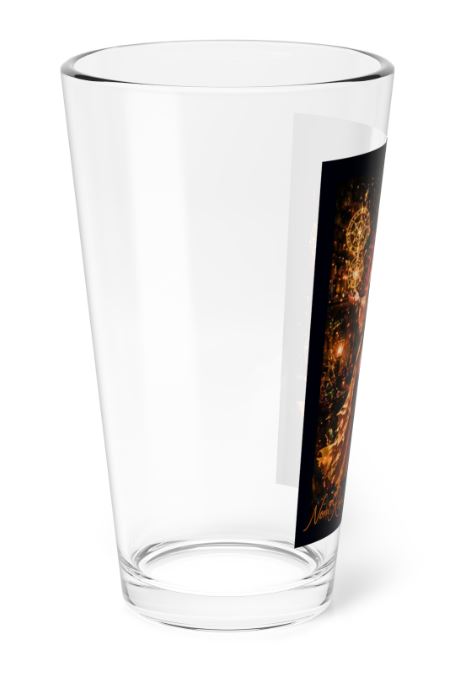 left side view of golden witch highball glass with glowing sigils and warm magical lighting