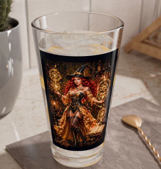 mystical witch highball glass styled in dim bar environment with warm glowing lighting and magical atmosphere