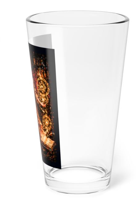 right side angle of mystical Noni glass showing radiant gold symbols and spellcasting energy