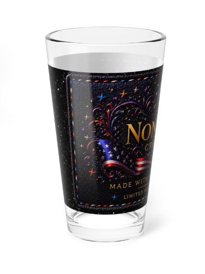 Left side view of highball glass showing NRS logo and cosmic design details