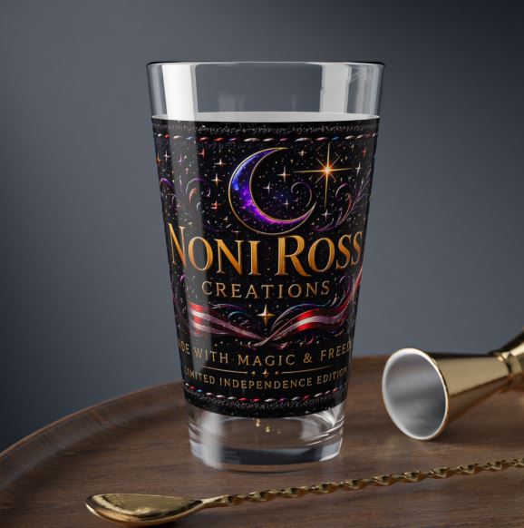 Lifestyle mockup of 16oz highball glass in bar setting with signature celestial design