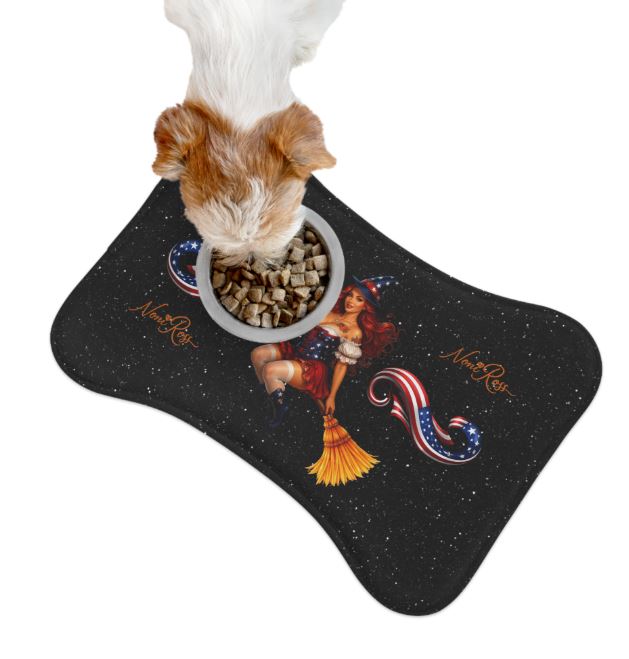 Bone shaped pet feeding mat under dog bowls in kitchen with patriotic design