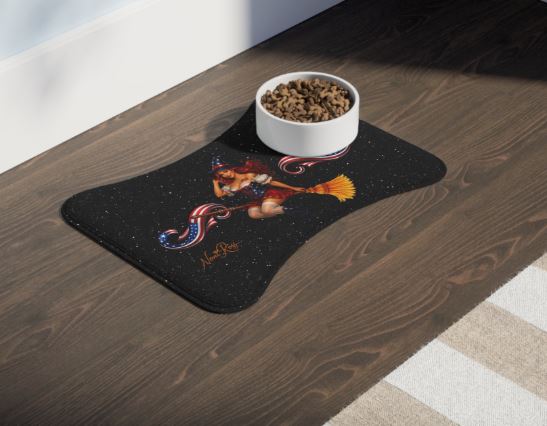19x14 bone pet mat with food and water bowls in home setting with hardwood floor