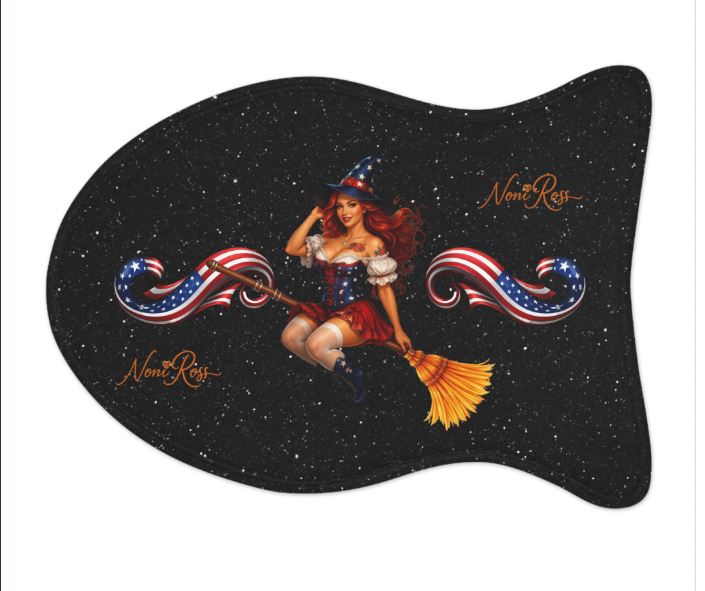 Fish shaped pet feeding mat 19x14 with patriotic pinup witch design and starry background