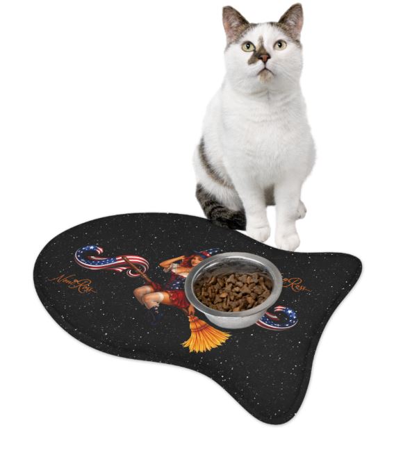 Fish shaped feeding mat under cat bowls with decorative patriotic design