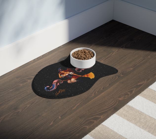 Pet feeding setup with fish shaped mat in modern home kitchen environment