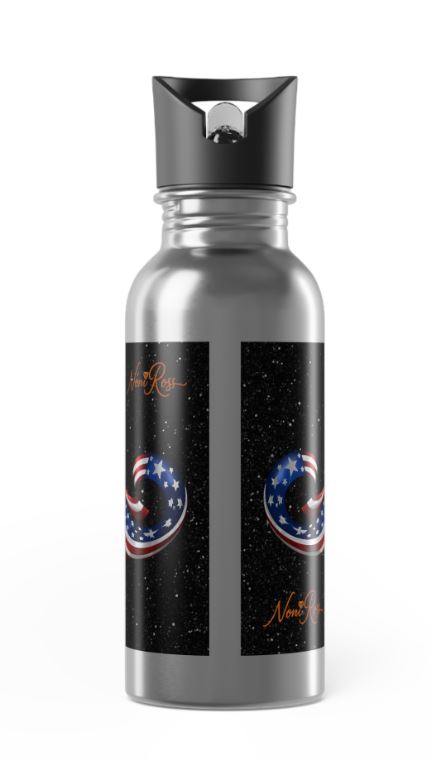 Back view of patriotic witch thermos bottle with celestial stars and wraparound artwork