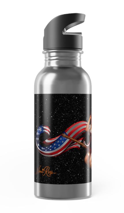 Left side angle of 20oz stainless steel bottle showing patriotic witch pinup design detail