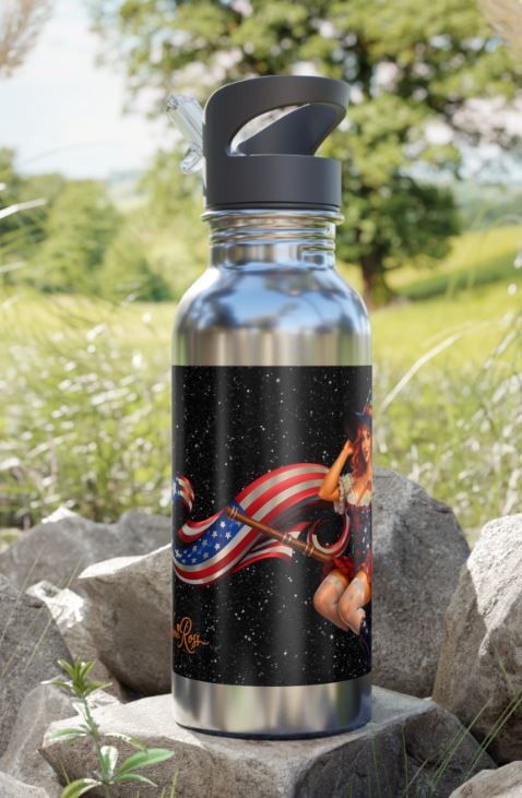 Lifestyle mockup of patriotic witch thermos bottle in use with vibrant celestial artwork