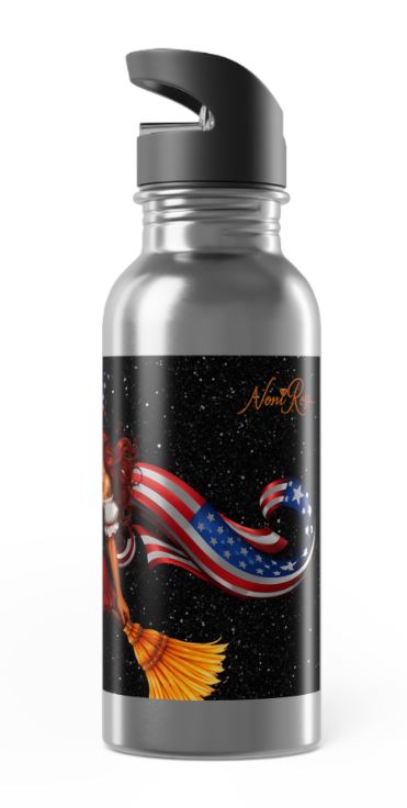 Right side view of witch pinup thermos with American flag elements and stars