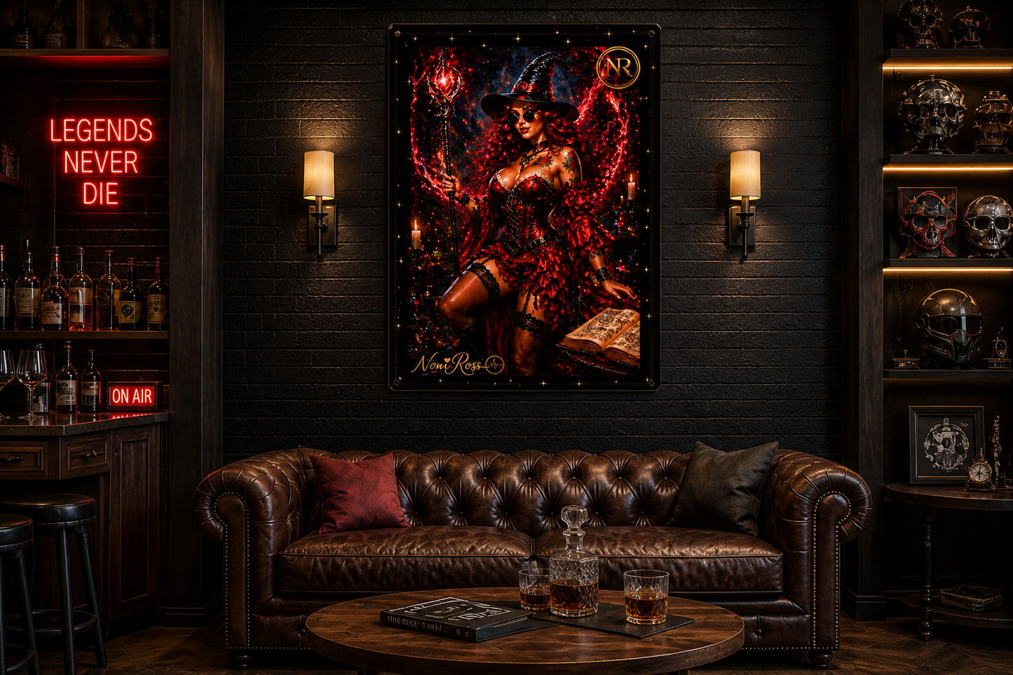 Crimson Spellcaster fantasy witch art displayed in a gothic candlelit setting with glowing red magic aura, showcasing detailed Noni Ross artwork in a mystical home décor environment