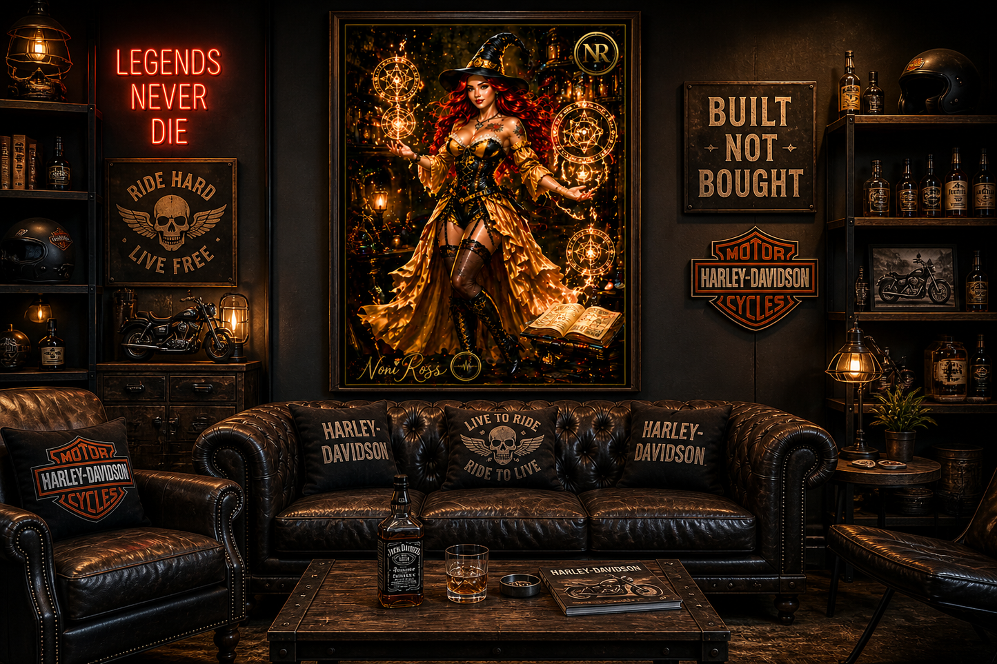 Golden Spellcaster wall art by Noni Ross displayed above a leather sofa in a luxury man cave lounge with neon “Legends Never Die” sign, whiskey décor, and bold biker-inspired styling