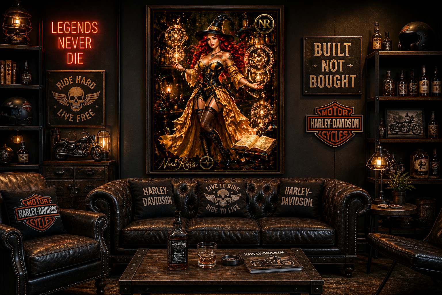 Golden Spellcaster wall art by Noni Ross displayed above a leather sofa in a luxury man cave lounge with neon “Legends Never Die” sign, whiskey décor, and bold biker-inspired styling