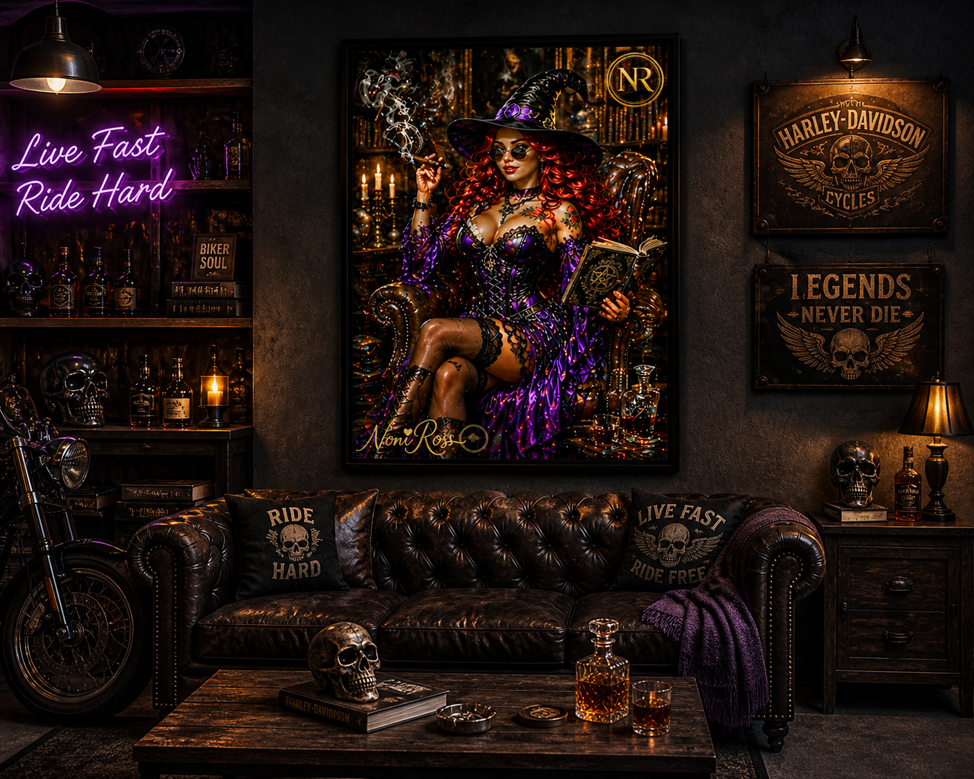 Purple gothic witch wall art by Noni Ross displayed above a leather sofa in a moody man cave lounge with neon lighting, skull décor, whiskey elements, and biker-inspired styling