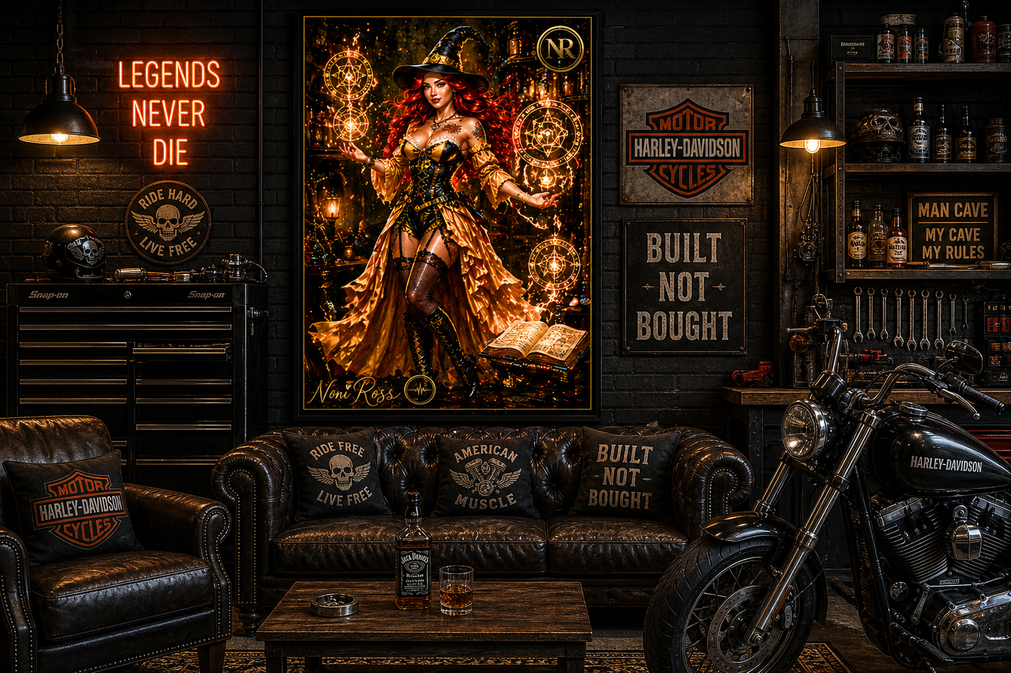Gold witch fantasy poster by Noni Ross mounted in a high-end garage workshop with tools, motorcycle, neon lighting, and rugged décor highlighting the glowing arcane magic design