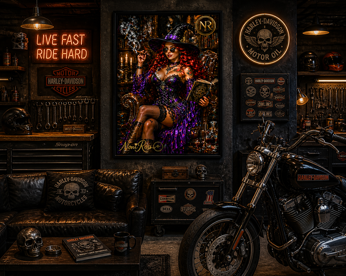 Gothic spellcaster poster by Noni Ross mounted in a premium garage workshop with tools, motorcycle décor, neon signs, and rugged masculine atmosphere