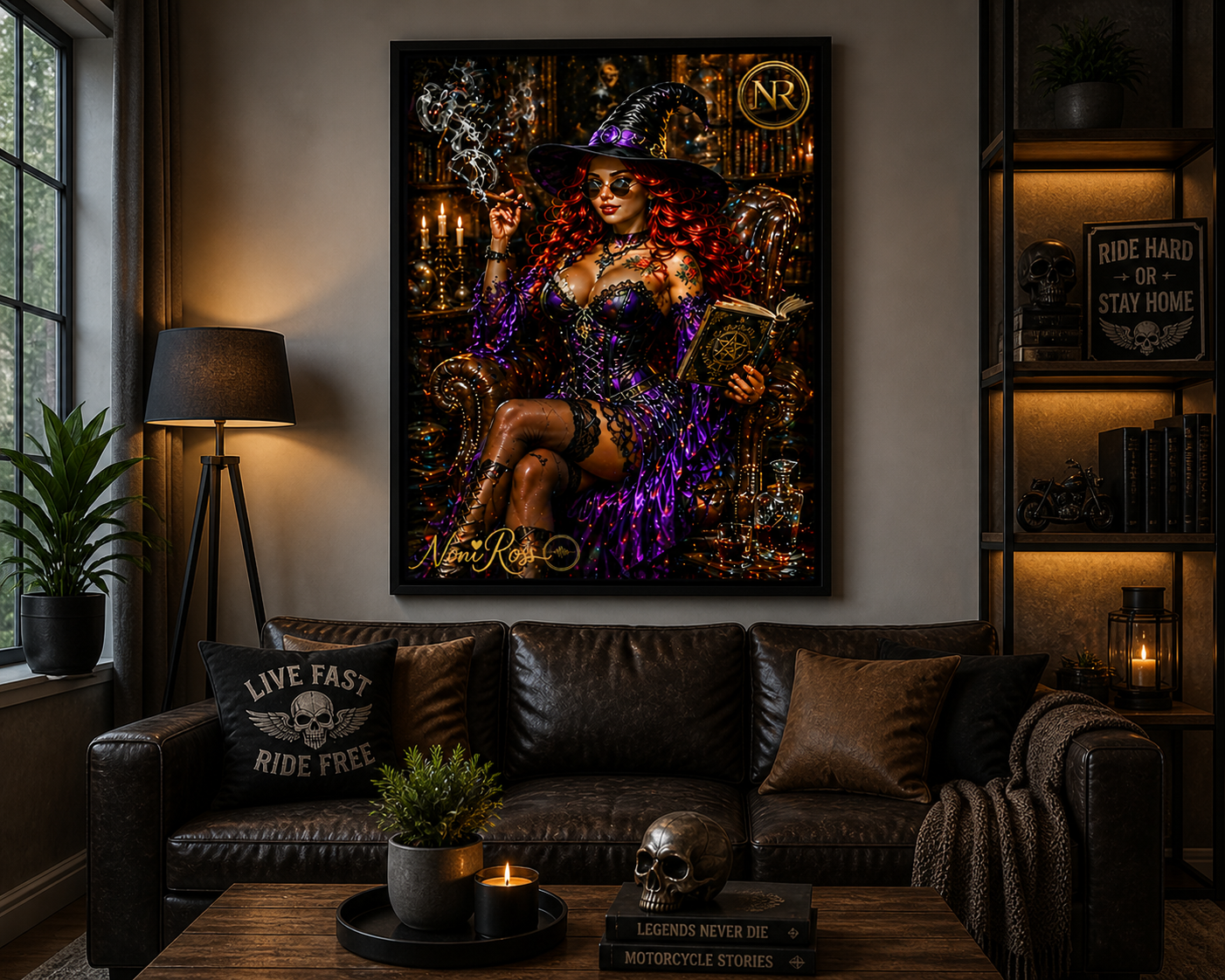 Purple gothic spellcaster artwork by Noni Ross displayed in a modern living room with warm lighting, leather furniture, and décor complementing the rich purple and gold tones