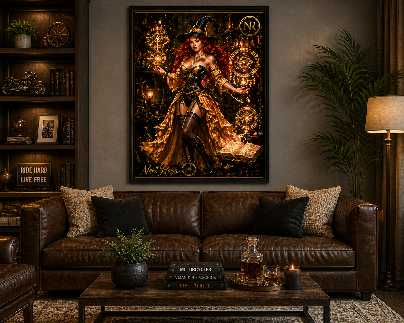 Golden Arcane Spellcaster artwork by Noni Ross displayed in a modern living room with warm lighting, leather sofa, wood accents, and décor that complements the rich gold and black magical theme