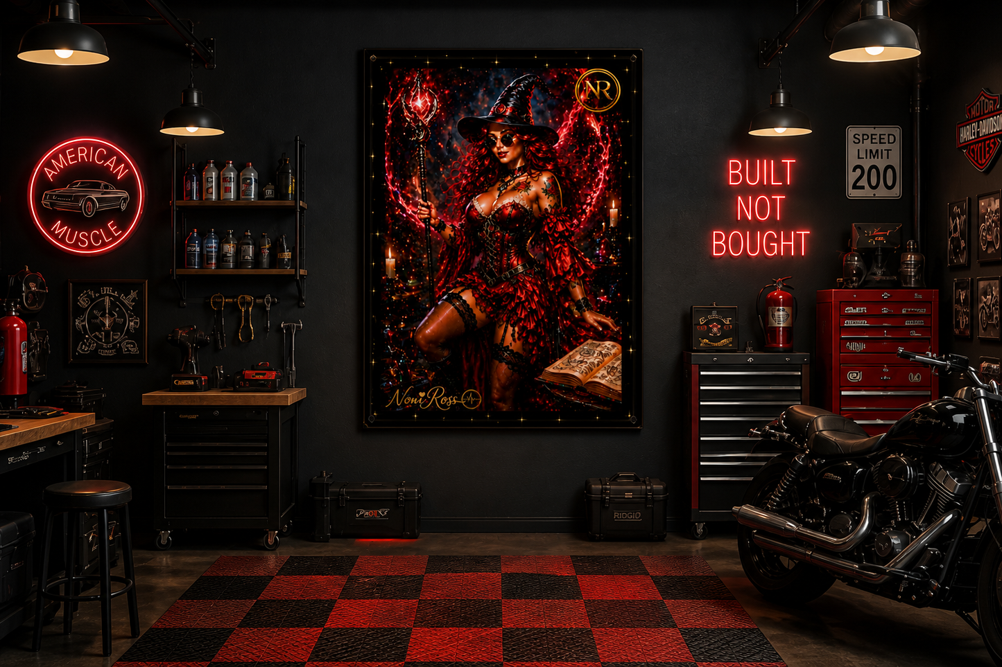 Crimson Spellcaster high-resolution witch illustration with gold NR emblem and signature, featuring vibrant red tones, spellbook details, and magical staff in a premium print-ready design