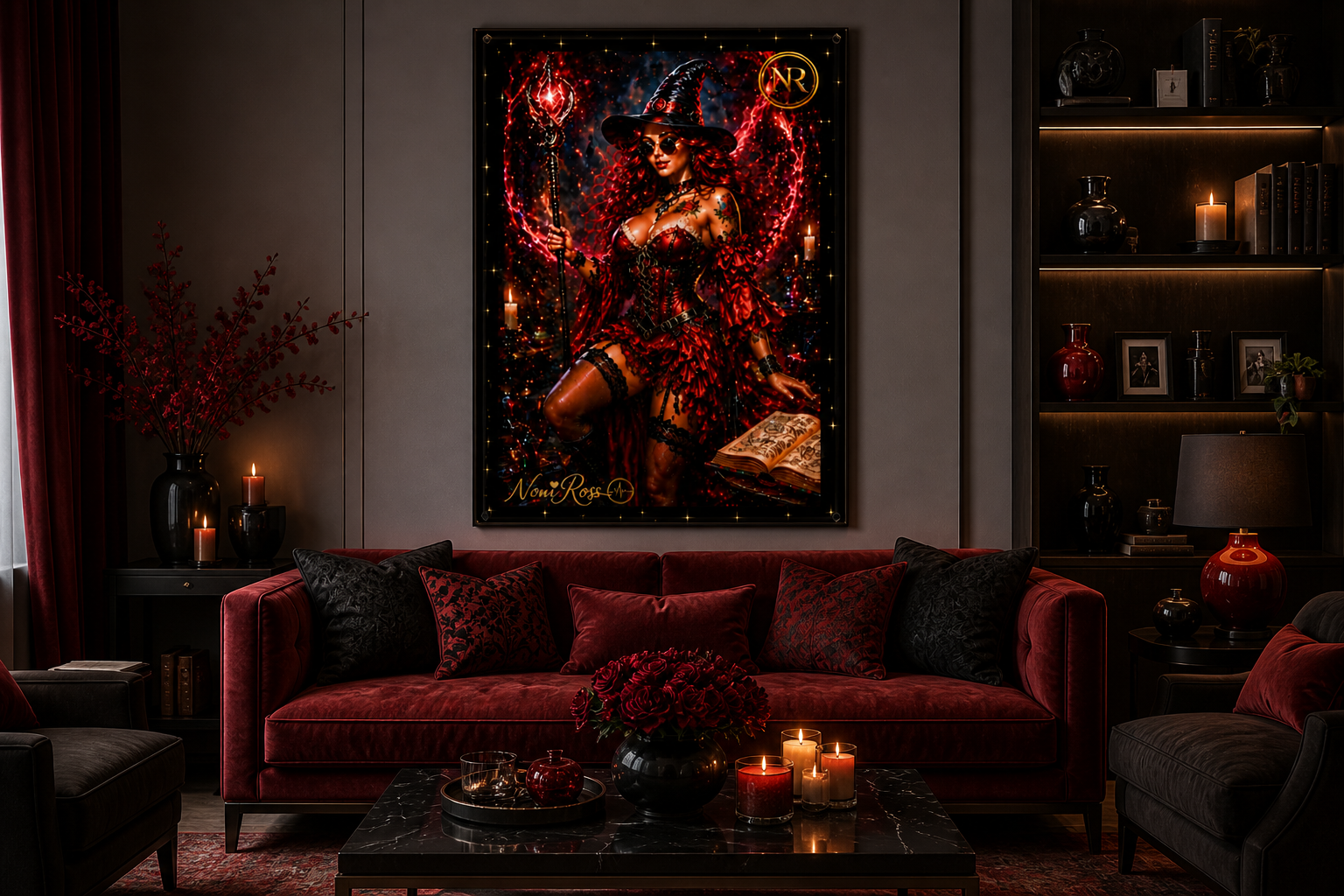 Crimson Spellcaster witch wall art by Noni Ross displayed above a deep red velvet sofa in a luxury living room, featuring glowing candlelight, gold accents, and rich gothic décor that enhances the vivid red magical artwork
