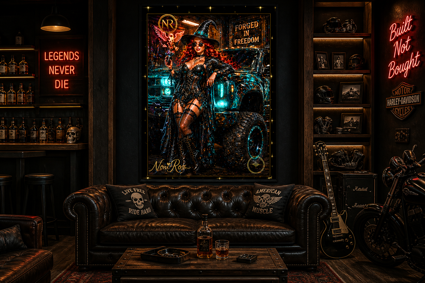 Forged in Freedom witch wall art by Noni Ross displayed above a leather sofa in a dark man cave lounge with neon signs, whiskey décor, and bold automotive styling enhancing the dramatic artwork