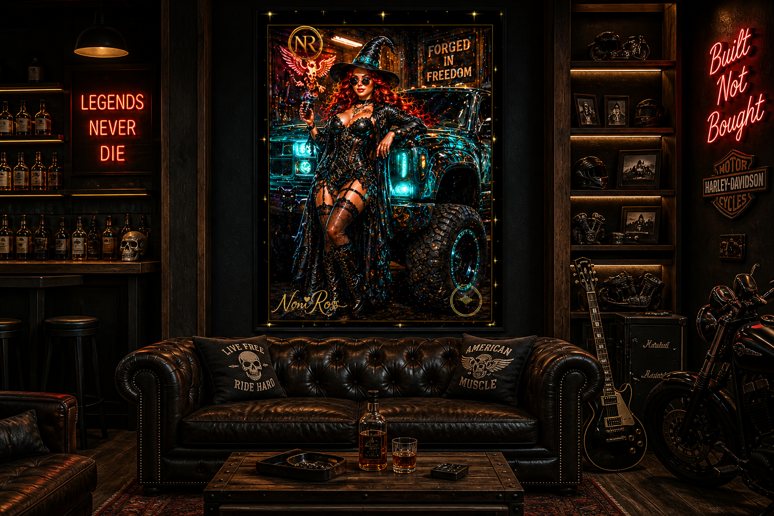 Forged in Freedom witch wall art by Noni Ross displayed above a leather sofa in a dark man cave lounge with neon signs, whiskey décor, and bold automotive styling enhancing the dramatic artwork